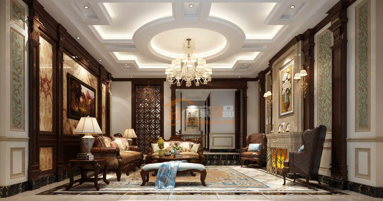 客厅作为待客区域，一般要求简洁明快，同时装修较其它空间要更明快光鲜，通常使用大量的石材和木饰面装饰；
